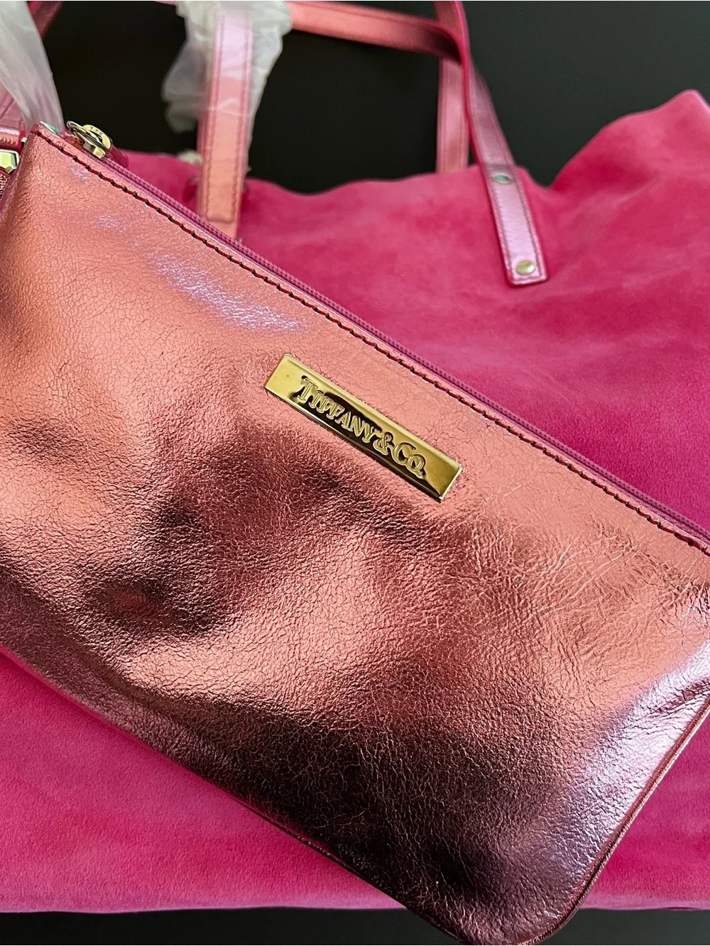 Tiffany & Co Slouchy Hot Pink Suede Reversible Metallic Large Tote Bag New